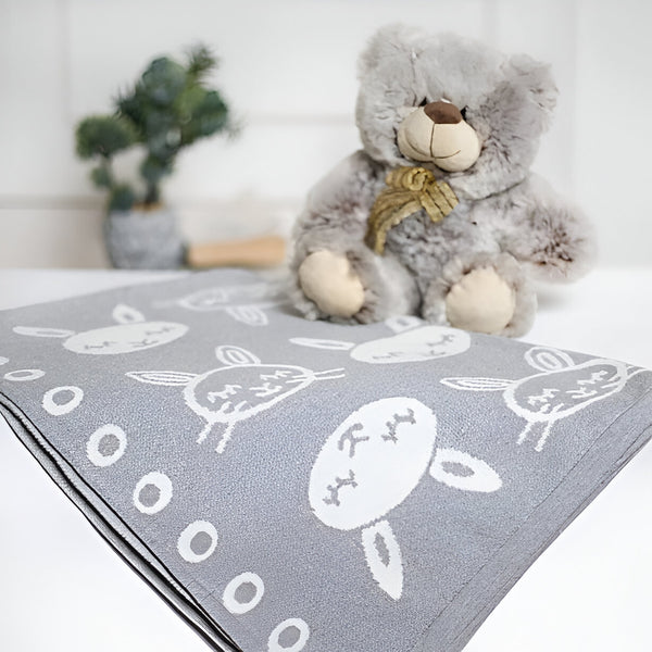 Bunny Grey Knitted Cotton Baby Blanket