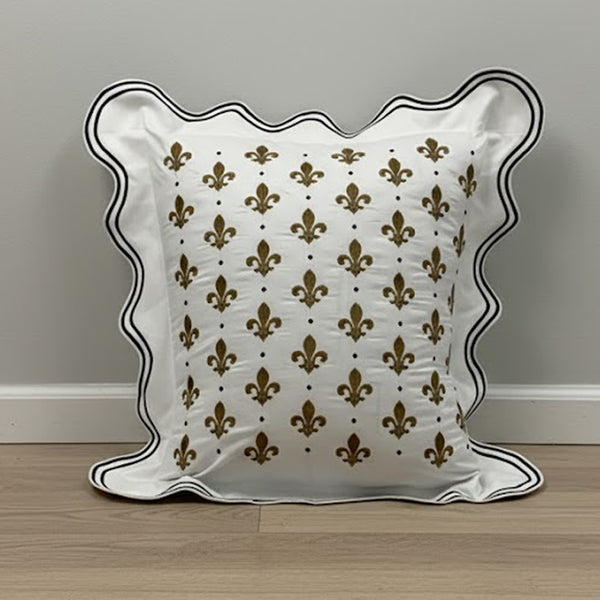 Fleur-de-Lis Embroidered Double Scalloped Pillow Cover