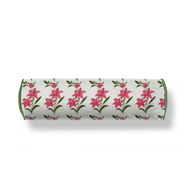 Pink Lily Floral Bolster Pillow Cover with Piping