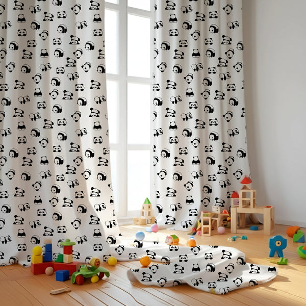 Black Panda Themed Baby Room Curtain
