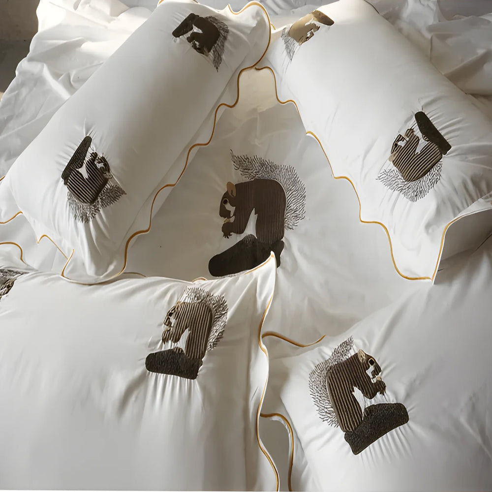 Squirrel Embroidered Cotton Sateen Duvet Cover Set