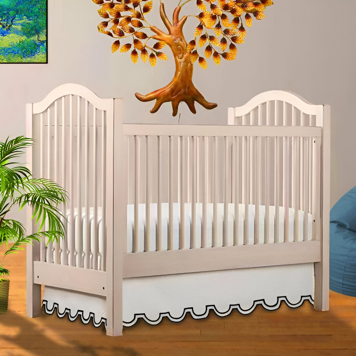 U Shape Scallop Embroidery Cotton Tailored Crib Skirt Black Border