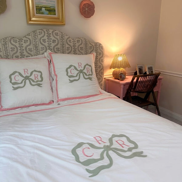 Bow Appliqué Monogram Embroidery Cotton Duvet Cover Set