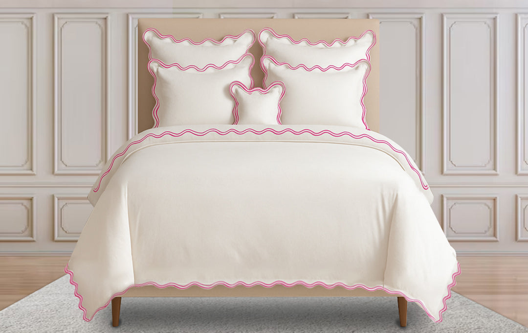 white duvet cover with pink trim