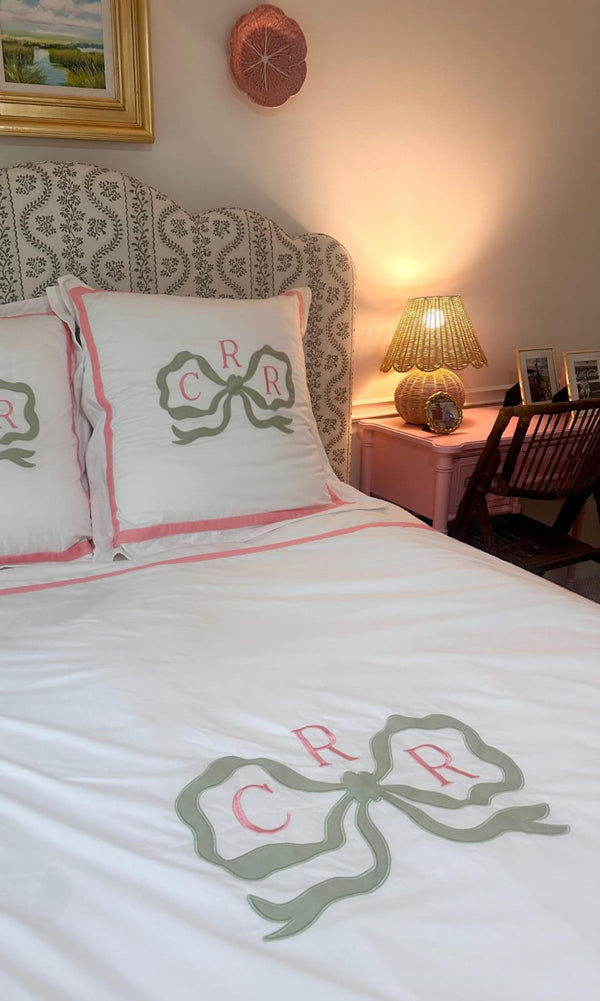 Bow Appliqué Monogram Embroidery Cotton Duvet Cover Set