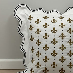 Fleur-de-Lis Embroidered Double Scalloped Pillow Cover
