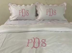 Monogram 400TC Cotton Scallop Embroidery & Border Sateen Solid Duvet Cover Set
