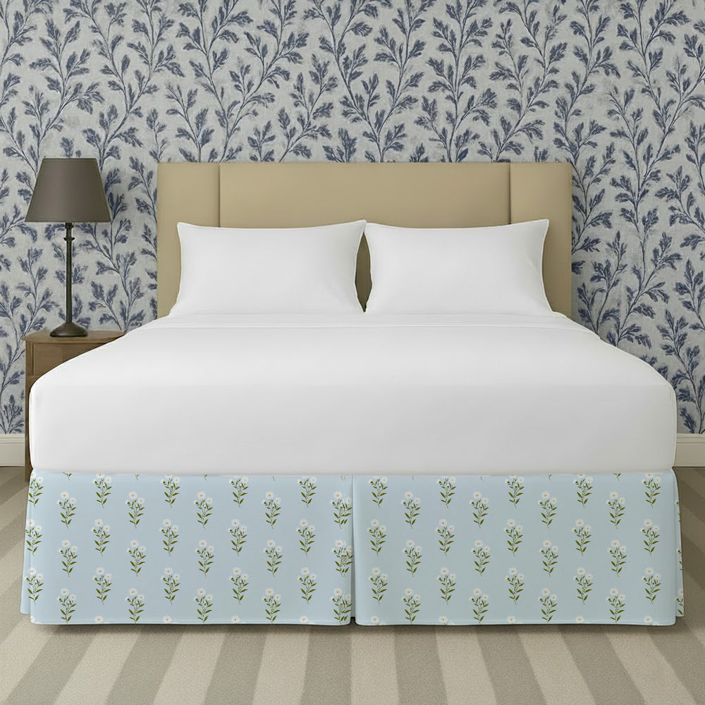 Vintage Blue Ditsy Floral Printed Tailored Bed Skirt