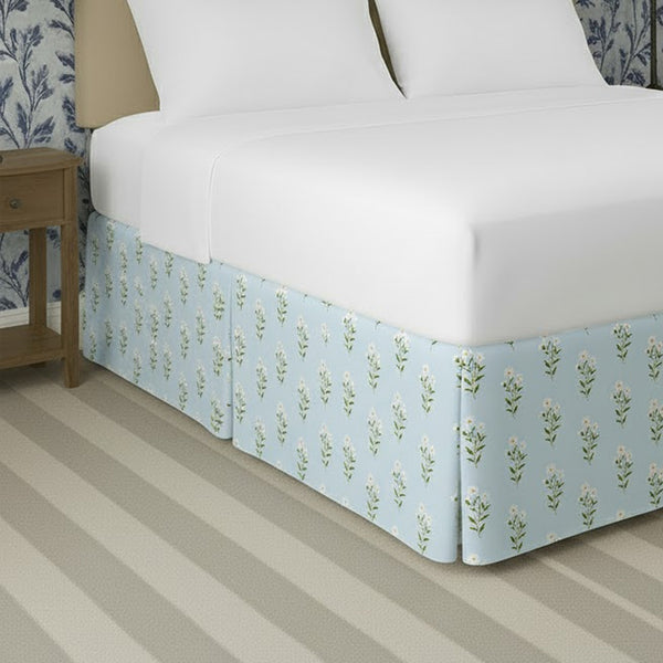 Vintage Blue Ditsy Floral Printed Tailored Bed Skirt