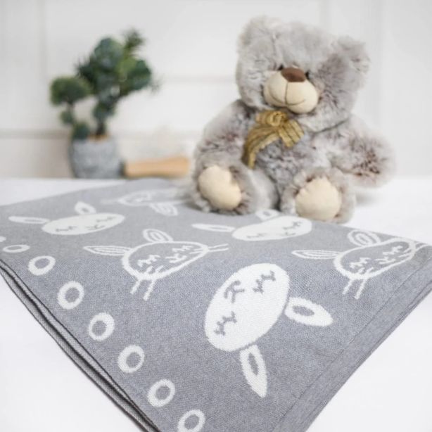 Bunny-Grey-Knitted-Cotton-Baby-Blanket