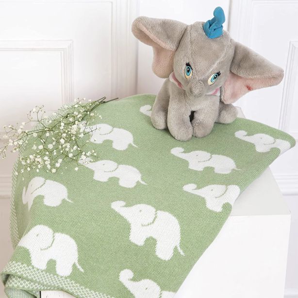 Elephant-Green-Knitted-Cotton-Baby-Blanket